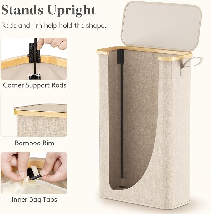 Lifewit 75L Slim Laundry Hamper with Lid, Narrow Laundry Basket with Removable Bag & Bamboo Handles, Fodable Thin Dirty Clothes Hamper for Laundry Collapsible Bin for Bathroom Bedroom Dorm, Beige