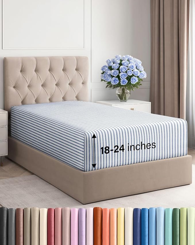 Extra Deep Twin Fitted Sheet - Single Fitted Sheet Only - Blue Stripes | Easily Fits 18 inch to 24 inch Mattress, Soft, Wrinkle Free, Breathable & Comfy, Extra Deep Pockets Hotel Luxury Fitted Sheet
