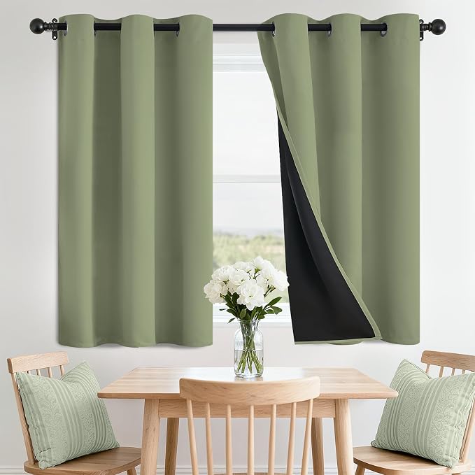 SimpleHome Sage 100% Blackout Curtains Room Darkening Living Room 36 Inch | Curtains for Bedroom,Thermal Insulated Grommet Window Drapes,Curtains for Living Room with Black Back,42 x 36 Inch,2 Panels