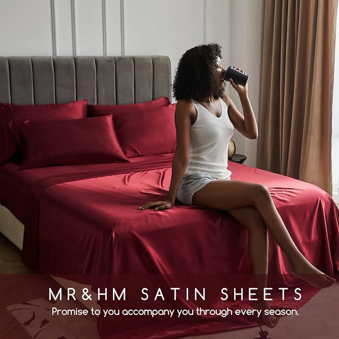 MR&HM Satin Sheets King Size with Elastic Corner Straps, Burgundy | Similar to Silk, 4-Piece Silky Soft Bed Sheet Set, Gentle on Skin and Hair, 15" Deep Pocket, Cooling & Breathable