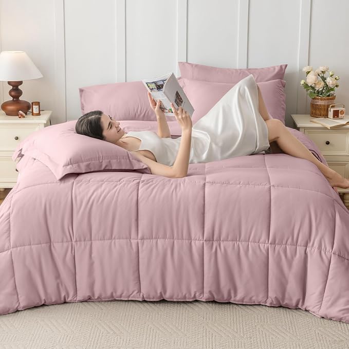 JOLLYVOGUE Full Comforter Set, Ultra-Soft Bed in a Bag Full Size 7 Pieces, Oeko-TEX Certified Bedding Set with Down Alternative Comforter, Sheets, Pillowcases & Shams, Camio Pink