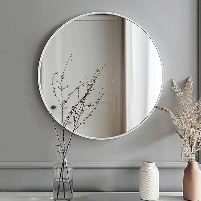 White Circle Mirror, 20 inch Round Wall Mirror, Matte Metal Frame | High Definition Mirror, Rust-resistant, Easy Installation, Round Mirrors for Bedroom, Guest Room, Baby room, Vanity