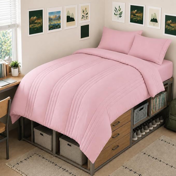 Twin XL Comforter Set Pink - 5 Pieces Complete Bedding Set | College Dorm Essentials, OEKO-TEX Certified, 240GSM Down-Alternative Comforter, 14" Deep-Pocket Sheets, Sham & Pillowcase