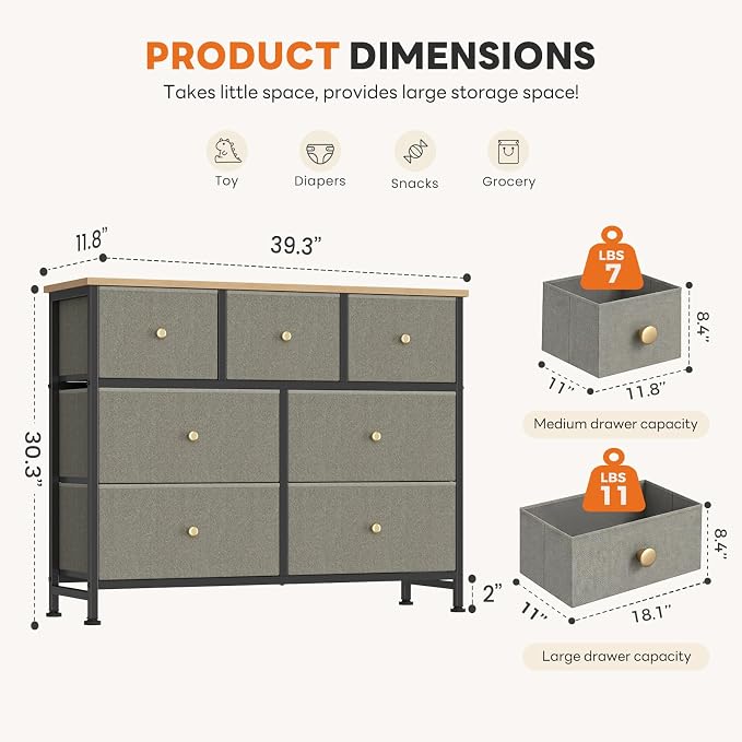 Sweetcrispy 7 Drawer Dresser for Bedroom Storage with Fabric Bin, Ink Green | Anti-Tip Closet Organizer, Wooden Top and Sturdy Steel Frame, Spacious Drawers for Clothes Storage, Hallway Entryway