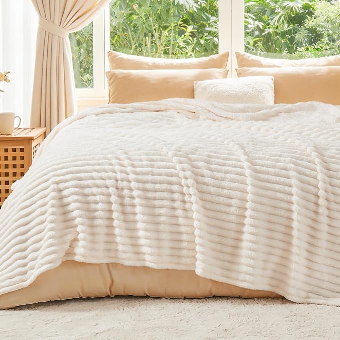BEDELITE Ribbed Full Size Blanket for Bed, Cream, 84"x90" | Ultra-Soft Plush Fleece, Warm Yet Lightweight, Ribbed Texture, Home Decor, Machine Washable, Giftable, All-Season Use