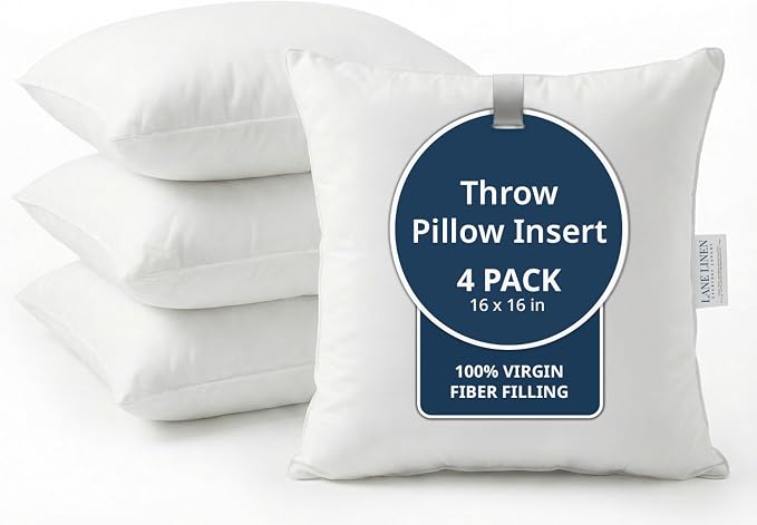 LANE LINEN 16x16 Throw Pillow Inserts Set of 4, Down Alternative - White | Simple Solid Pillow Inserts For Couch & Chair Support - Durable Everyday Fill, Fluffy Down Alternative Fill, Machine Washable