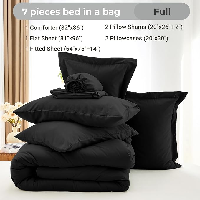7 Pieces Full Comforter Set, Soft Bed in a Bag Full Size, All Season Bedding Set with Comforter, Flat Sheet, Fitted Sheet, Pillowcases & Shams, Black