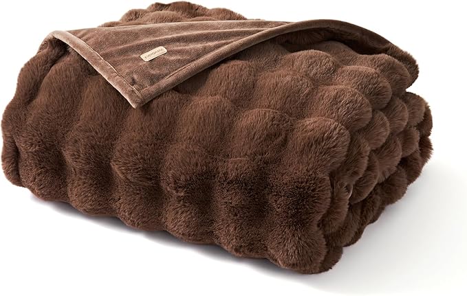 EverGrace Faux Rabbit Fur Bubble Throw Blanket, 50"x60", Chestnut | Ultra Soft, Luxury Faux Rabbit Fur Throw, Thick Warm Bubble Blanket, Cozy Fluffy Reversible, for Bed, Couch, Chair, Sofa