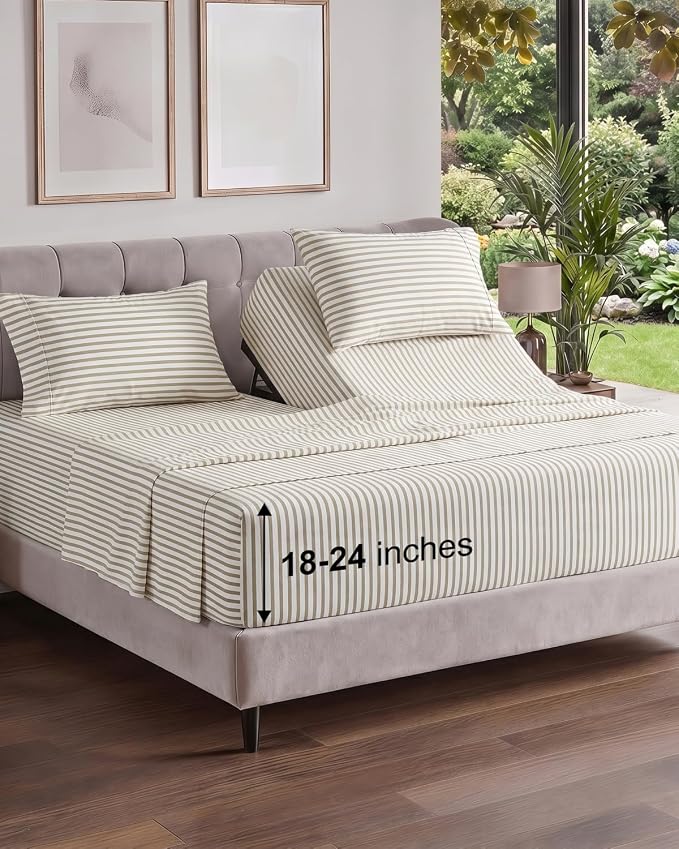 Flex Top Split Head King Sheet Set - 4 Piece Extra Deep - Beige Stripes 2 | Easily Fits 18 to 24 inch Mattress, Ultra Soft, Wrinkle & Fade Free with Extra Deep Pockets, Comfy Hotel Luxury Bedding
