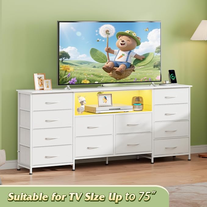 WLIVE LED Dresser TV Stand for 75 Inch TV, 12 Drawers, White | Fits TVs up to 75 inch, 12 fabric drawers, LED chest of drawers, Built-in power outlet, Living room or bedroom
