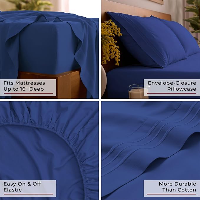 Mellanni Iconic 4-Piece, Ultra Soft Sheet Set (Queen, Royal Blue) | 10M+ Sleepers. Lab-tested: Sleeps Cool, Stays Bright, Strong, Smooth. Good Housekeeping Best Bedding, 7 yrs running.