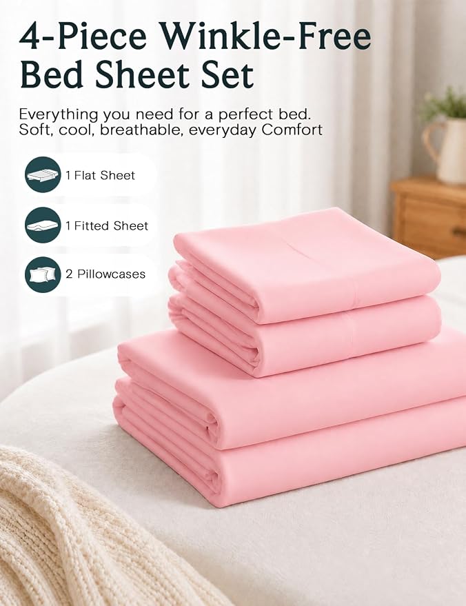 Cal King Size Sheets Set, Cooling & Soft Deep Pocket Bed Sheets, 4PC | LuxClub Silky Fitted Sheet & Pillowcase Sets, Breathable Hotel Luxury Bedding for Mattress Wrinkle Free, Baby Pink