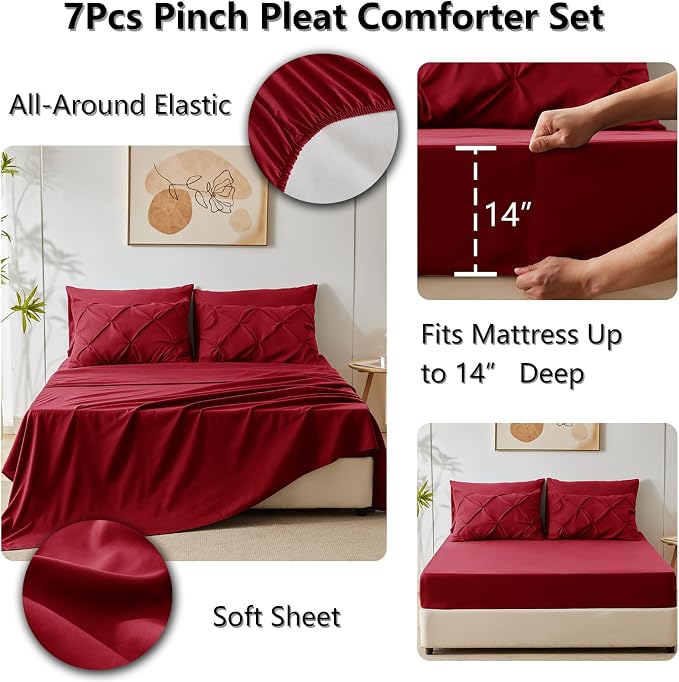 HIMEET Queen Comforter Set Deep Red - 7 Pieces Pintuck Bed in a Bag | OEKO-TEX Certified, 240GSM Down Alternative Comforter, 14" Deep Pocket Fitted Sheet + Flat Sheet + 2 Pillowcases + 2 Shams