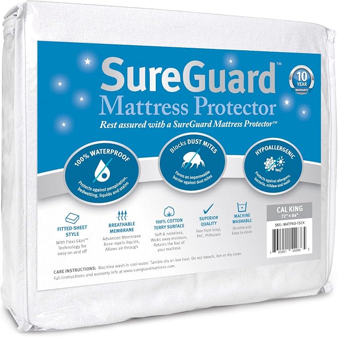 SureGuard California King Mattress Protector - 100% Waterproof, Hypoallergenic - Premium Fitted Cotton Terry Cover | Soft Noiseless Breathable Hypoallergenic Washable Mattress Pad, Stretchable Pockets fit Bed 6-20" Deep (Cotton Terry)