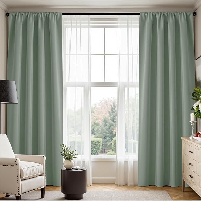 PONY DANCE Sage Green Blackout Curtains 80 inches Long 2 Panels Set for Bedroom, Lights & Drafts Blocking Window Curtains Room Darkening Drapes for Living Room, W42 x L80 inch, 2 Panels