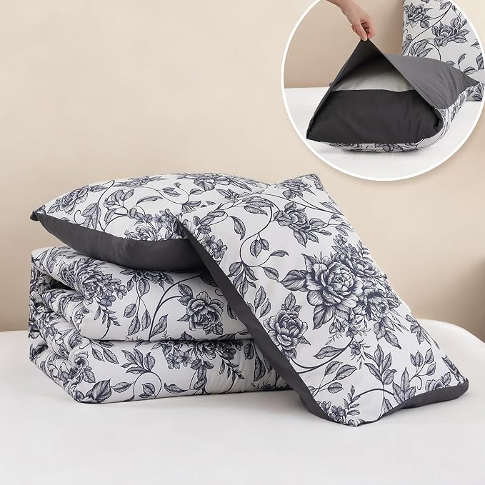 JANZAA Queen Size Comforter Set - Black Peony Floral Shabby Chic Bedding | 3 Piece Cute Floral Bedding for All Season, 1 Soft Fluffy Breathable Microfiber Comforter Set with 2 Pillowcases