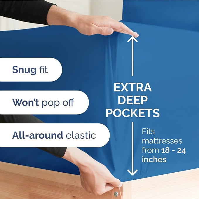 Extra Deep Queen Sheet Set - 4 Piece Breathable Cooling Sheets - Royal Blue | Easily Fits 18 to 24 inch Mattress - Ultra Soft, Wrinkle & Fade Free with Extra Deep Pockets - Comfy Hotel Luxury Bedding