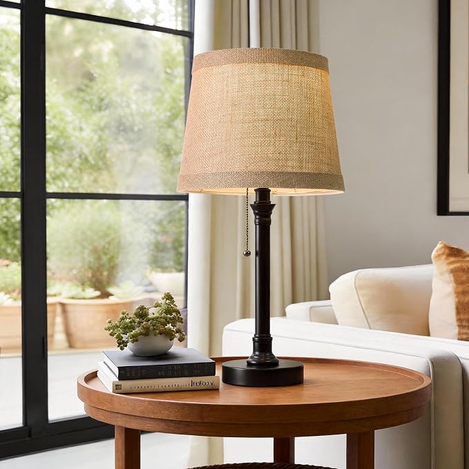 19.5" Black Rustic Table Lamps Set of 2 for Living Room Bedroom | Pull Chain Switch Bedside Table Lamps, Farmhouse Nightstand Lamp with Natural Shade, Small Lamp for End Table & Desk Light
