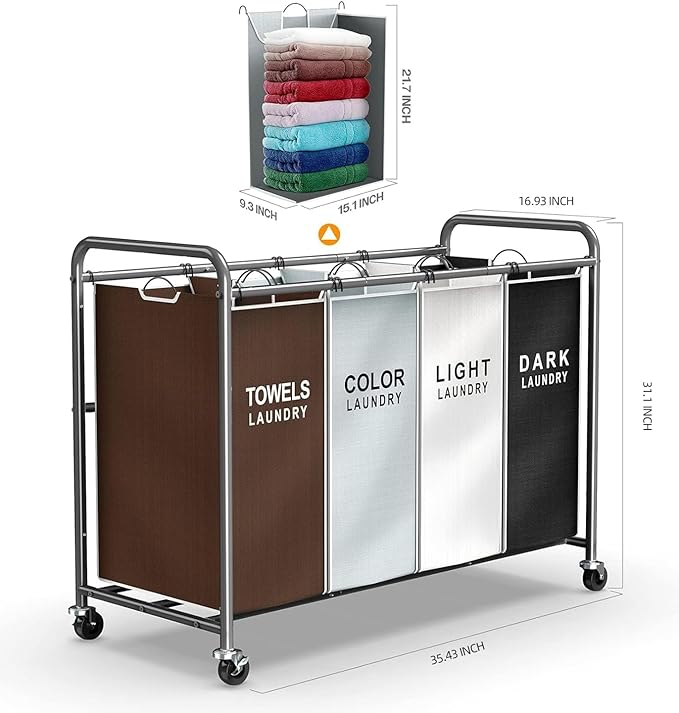 ROMOON Laundry Hamper Sorter Cart, 4-Section Organizer with Lockable Wheels | Heavy-Duty 180L Rolling Laundry Basket with Removable Bags for Dirty Clothes in Laundry Room or Small Spaces, Multicolor