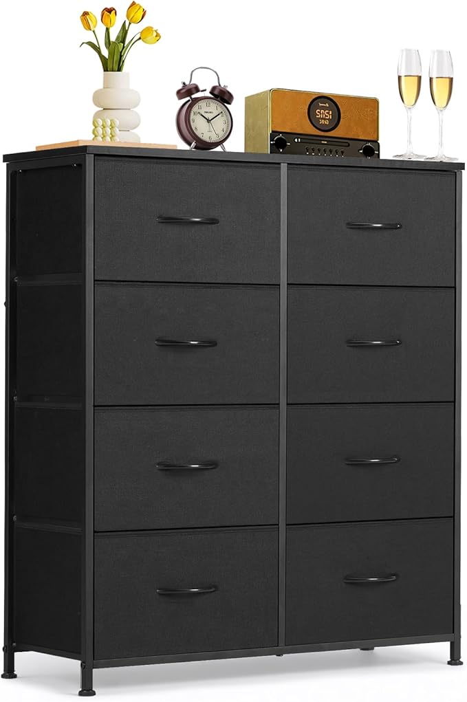 8-Drawer Dresser for Bedroom, Anti-Tip Tall Storage Organizer | Chest of Drawers with Wooden Top and Metal Frame Fabric Bins for Closet, Living Room, Hallway, Entryway, Black