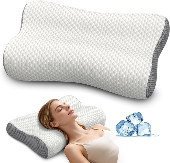 Cervical Neck Pillow for Pain Relief, Contour Memory Foam Pillows for Sleeping, Ergonomic Pillow Orthopedic Cooling Pillow Bed Pillow Neck Support for Side Back Stomach Sleepers (Off White&Gray)