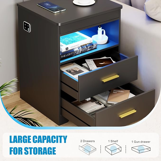 FREDEES LED Nightstand with Gun Drawer & Charging Station | 3-Color Lights & Human Body Sensor, Smart USB Type-c, 2 Drawers Hidden Storage, End Table Bedroom Livingroom