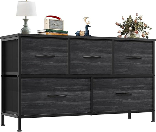 OLIXIS 5 Drawer Dresser for Bedroom, Storage Organizer Unit for Closet | Chest of Drawers for Clothes Storage with Bins, Wide Fabric Bedroom Dresser, Wooden Top, Living Room, Black Wood