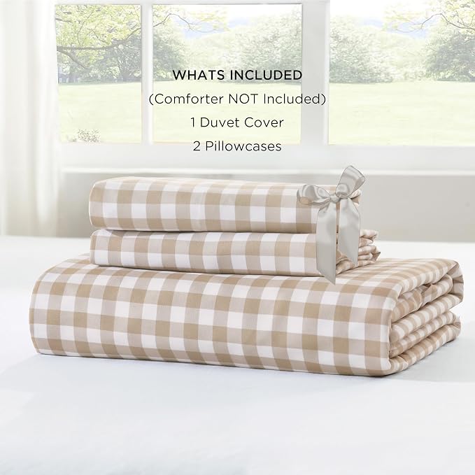 Andency Tan Gingham Duvet Cover Full, Ruffle Shabby Chic Bedding Set 3 Pcs | Farmhouse Soft Pre-Washed Polyester Comforter Cover with Zipper Closure & Corner Ties, 79x90Inch