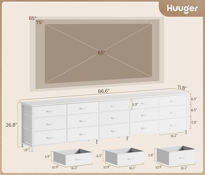 Huuger 86.6 Inch Long Dresser for Bedroom, TV Stand for 65, 75, 85 Inch TV | 15 Large Fabric Drawer Dresser, Entertainment Center for Bedroom, Wide Chest of Drawer with Storage