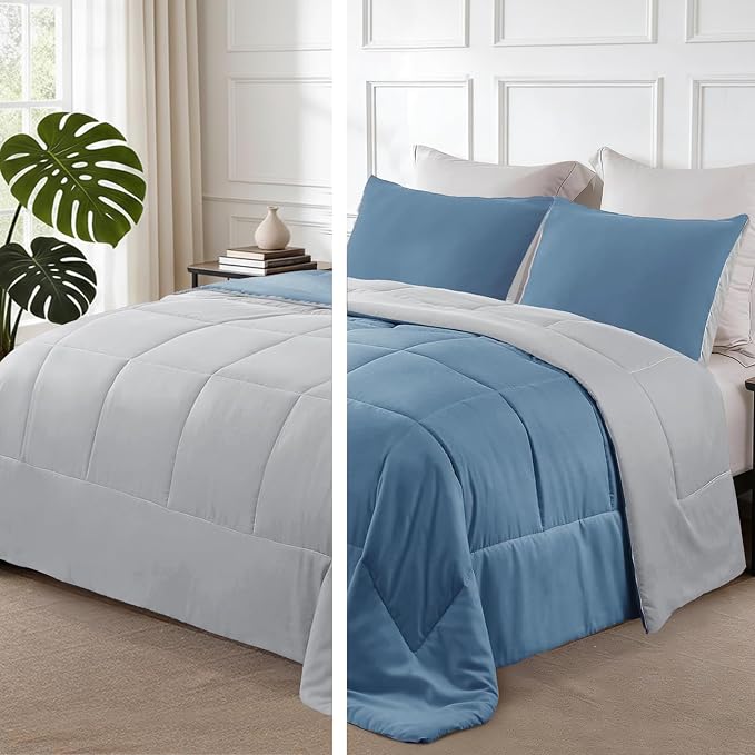 Exclusivo Mezcla Reversible Soft Twin Comforter Set, 2 Pieces | Grayish Blue Lightweight Microfiber Down Alternative Comforters, All-Season Bedding with 1 Pillow Sham