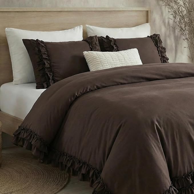 Dark Brown Duvet Cover Set Elegant Ruffled Bedding Twin Shabby Chic Lace Ruffle Boho Bedroom Decor Vintage Boho Style Chocolate Duvet Cover with Pillowcases