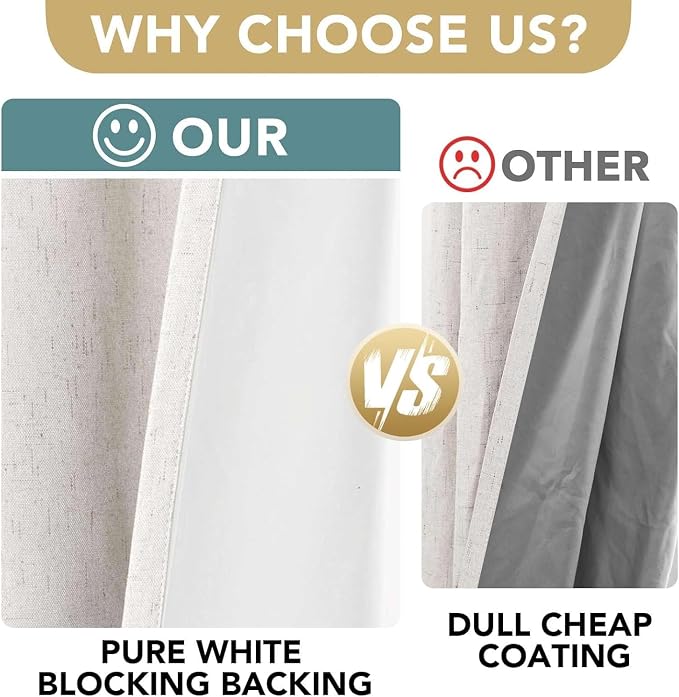H.VERSAILTEX Linen Curtains 100% Blackout Curtains for Bedroom 102 inch Long Full Light Blocking Nature Linen Blended Window Curtains for Living Room Nickel Grommet (2 Panels, Ivory)