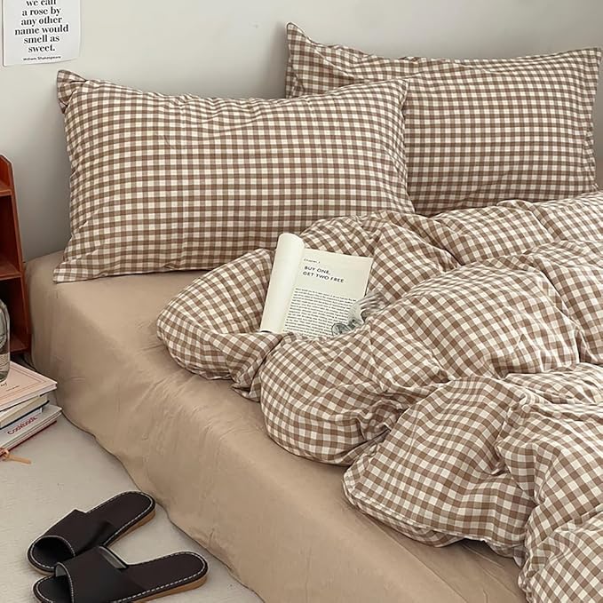 Nayoroom Brown Gingham Duvet Cover Set King Tan Plaid Checkered Bedding | Modern Farmhouse Cottage, Dorm Bedding, Soft Breathable Washed Microfiber, All-Season Comfort, Hidden Zipper, 4 Corner Ties
