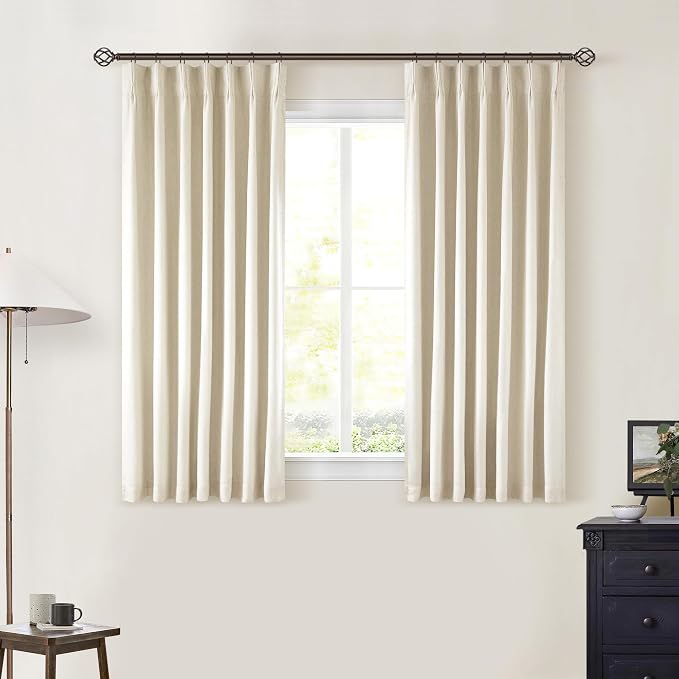 Cream Beige Pleated Black Out Linen 45 Inch Curtains with Liner 2 Panels | 100% Blackout, Memory Trained Pinch Pleat, Thermal Insulated, Noise Reduce, Short Curtains 2 Layers for Kitchen Small Window