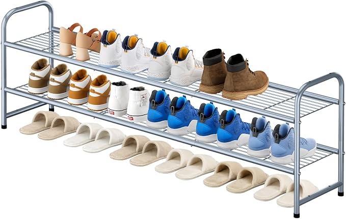KEETDY 2-Tier Long Shoe Rack for Closet Shoe Organizer for Entryway, Metal Stackable Shoe Storage Shelf for 18 Pairs Sneakers with Strong Wire Grid, Gray