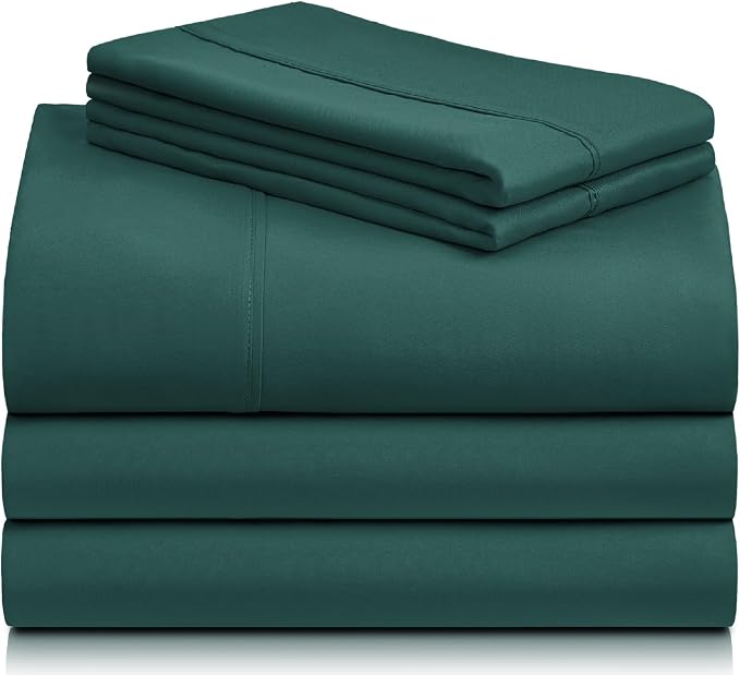 LuxClub 5 PC Split King Sheet Set, Deep Pockets Wrinkle Free Cooling Bed Sheets Hotel Bedding for Women, Men, Includes 2 Fitted Sheet, 1 Flat Sheet and 2 PillowcasesSoft Emerald | LuxClub Silky Fitted Sheet & Pillowcase Sets, Breathable Hotel Luxury Be...