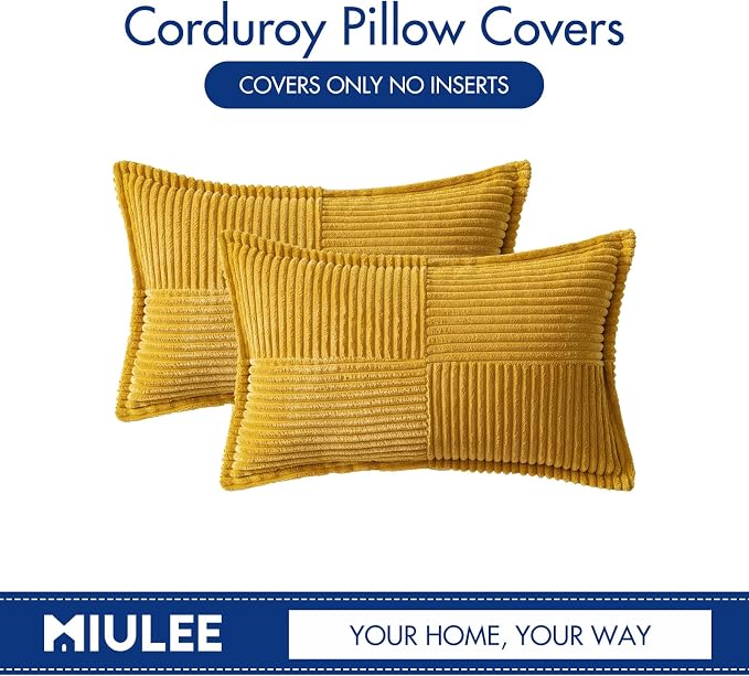 MIULEE Decorative Lumbar Throw Pillow Covers 12x20 Inch Mustard Yellow | 2 Pack, Boho Broadside Striped Patchwork Pillow Covers, Soft Corduroy Cushion Cases, For Couch Sofa Bed Livingroom Home Decor