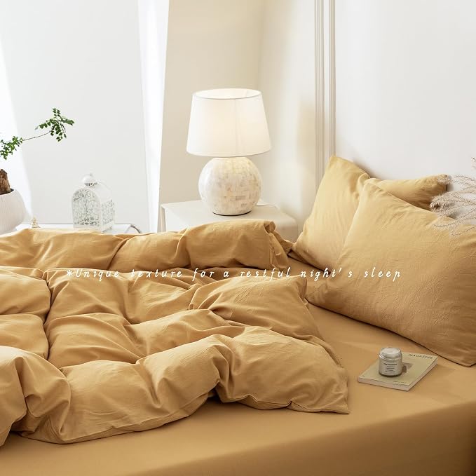 BDEAR 3Pcs Ginger Yellow Duvet Cover Set Queen Size 90" L x 90" W, Oeko TEX | 100% Washed Cotton, 1 Duvet Cover with 2 Pillowcases, Zipper Closure, 8 Corner Ties,Linen-Liked Texture, Skin Friendly
