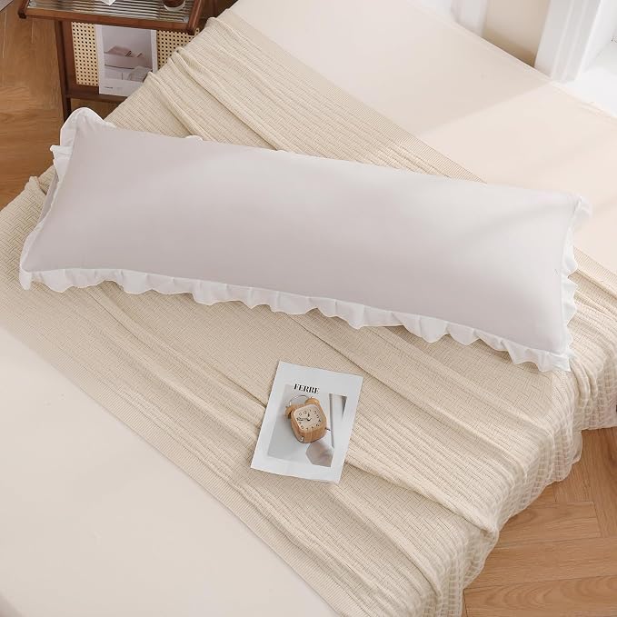 Merryword Beige Body Pillow Cover 20x54inches Beige and White Reversible Long Pillowcase Ruffled Body Pillowcases Cute Pillowcase Pillow Sham (1 Body, Beige White)