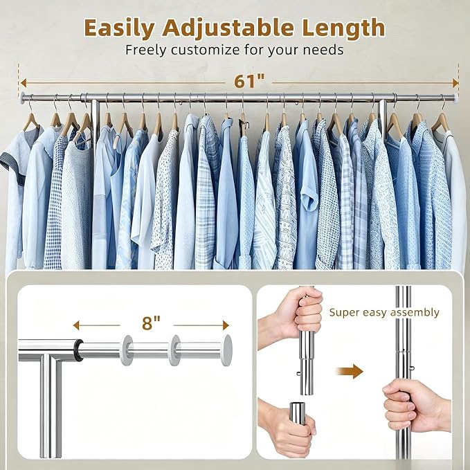 Simple Trending Heavy Duty Clothes Rack, Extensible Clothing Rack, Silver | Garment Rack Load 450 LBS, Portable Closet with Mesh Bottom Shelf, 360° Lockable Wheels, Bedroom, Laundry Room