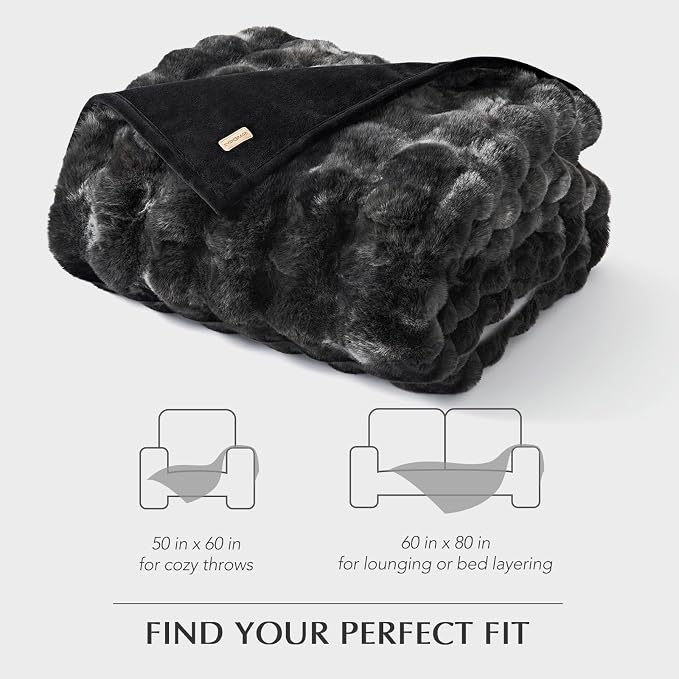 EverGrace Faux Rabbit Fur Bubble Throw Blanket, 60"x80", Marble Black | Ultra Soft, Luxury Faux Rabbit Fur Throw, Thick Warm Bubble Blanket, Cozy Fluffy Reversible, for Bed, Couch, Chair, Sofa