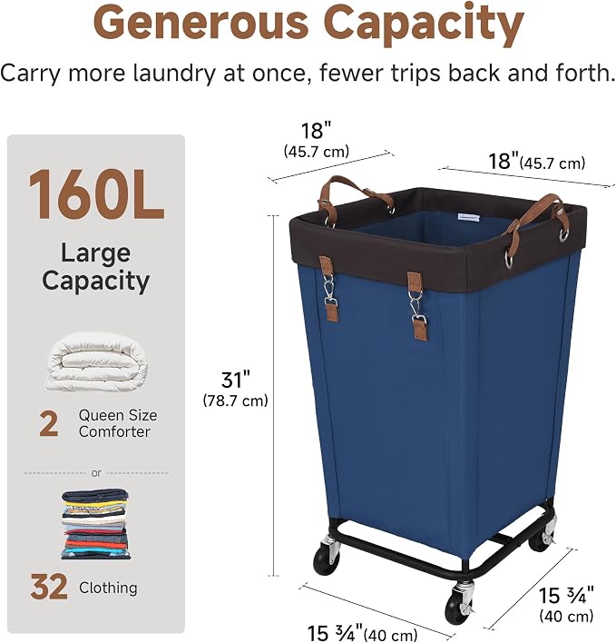 StorageWorks 160L Laundry Basket with Wheels, Rolling Hampers for Clothing | Blue Laundry Basket with Wheels, Metal Frame & Handles, Rolling Hamper for Bedroom, Bathroom, Dorm, Hotel