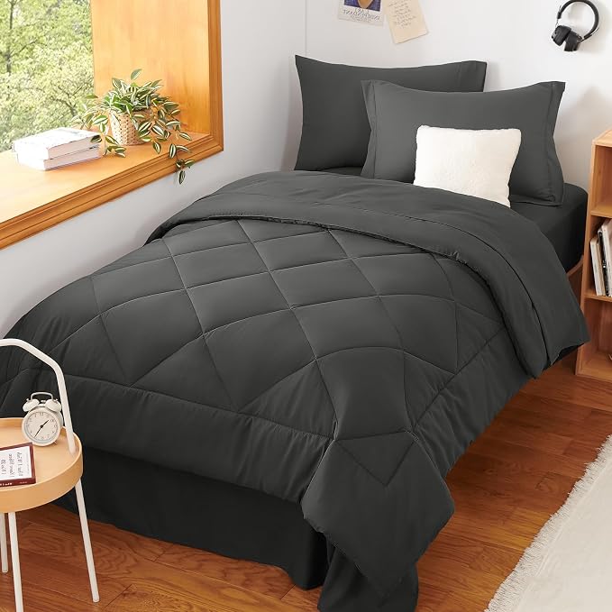 Twin Comforter Set with Sheets Dark Grey - 5 Pieces Bed in a Bag | OEKO-TEX Certified, All Season, Teen, Single, Dorm, 240GSM Down-Alternative Comforter, Sheets, Pillowcase & Sham, Easy Care