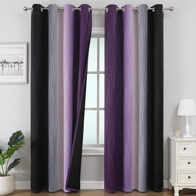 Black and Purple Ombre Blackout Curtains 96 Inch Length | Room Darkening Curtains for Bedroom, Thermal Insulated,Energy Saving,Grommet Window Drapes for Living Room,52Wx96L,2 Panels