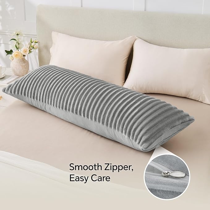 BEDELITE Fluffy Striped Body Pillow Cover with Zipper, Light Grey, 20x54 | Ultra-soft Faux Fur with 5D Striped Texture, Comfy, Plush, and Cloud-like, Body Pillow Pillowcase for Bed Couch Room Decor