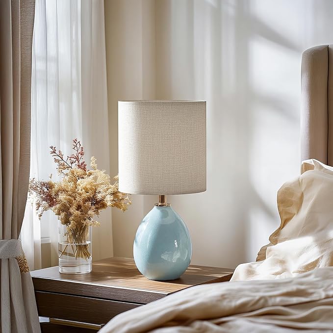 18.5" Ceramic Table Lamps Set of 2 for Living Room Bedroom, Blue | Bedside Lamps for Bedroom Nightstand, Ice Crackle Home Bedroom Living Room Decor, Linen Fabric Shade, 3-Color Temperature