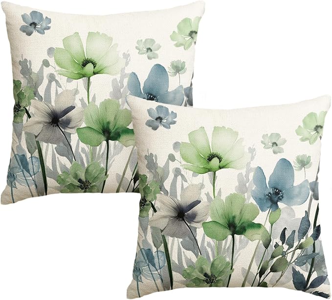 AVOIN colorlife Chinoiserie Poppy Flowers Pillow Covers 18x18 Inch Set of 2 | Blue Sage Green Seasonal Leaves Cushion Case Decoration for Sofa Couch