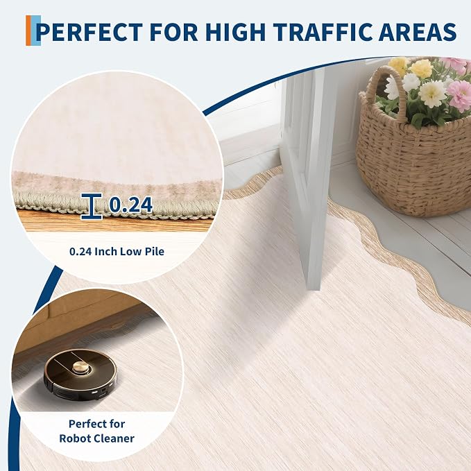 GarveeHome Scalloped Washable Runner Rug 2x6 Non Slip Kitchen Rugs, Beige | Modern Beige Indoor Entryway Rug Farmhouse Soft Bath Mat Stain Resistant Carpet for Bedroom Hallway Laundry 2 ft x6 ft Beige