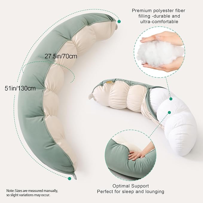 Peallow(Pat. Pend) – Long Round Body Pillow for Adults, Bolster Pillow for Sleeping, Soft and Supportive Pillow for Sleeping & Lumbar Support (Green-White, 39")