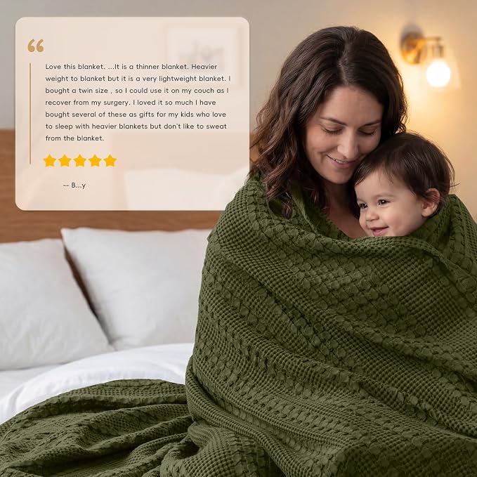 PHF Lightweight 100% Cotton Waffle Blanket for Bed, Queen, Capulet Olive | Pre-Washed Soft Cotton Comfort, Breathable Layering Warmth for Fall & Winter, Bed, Sofa, Couch, Home Decor & Gifts